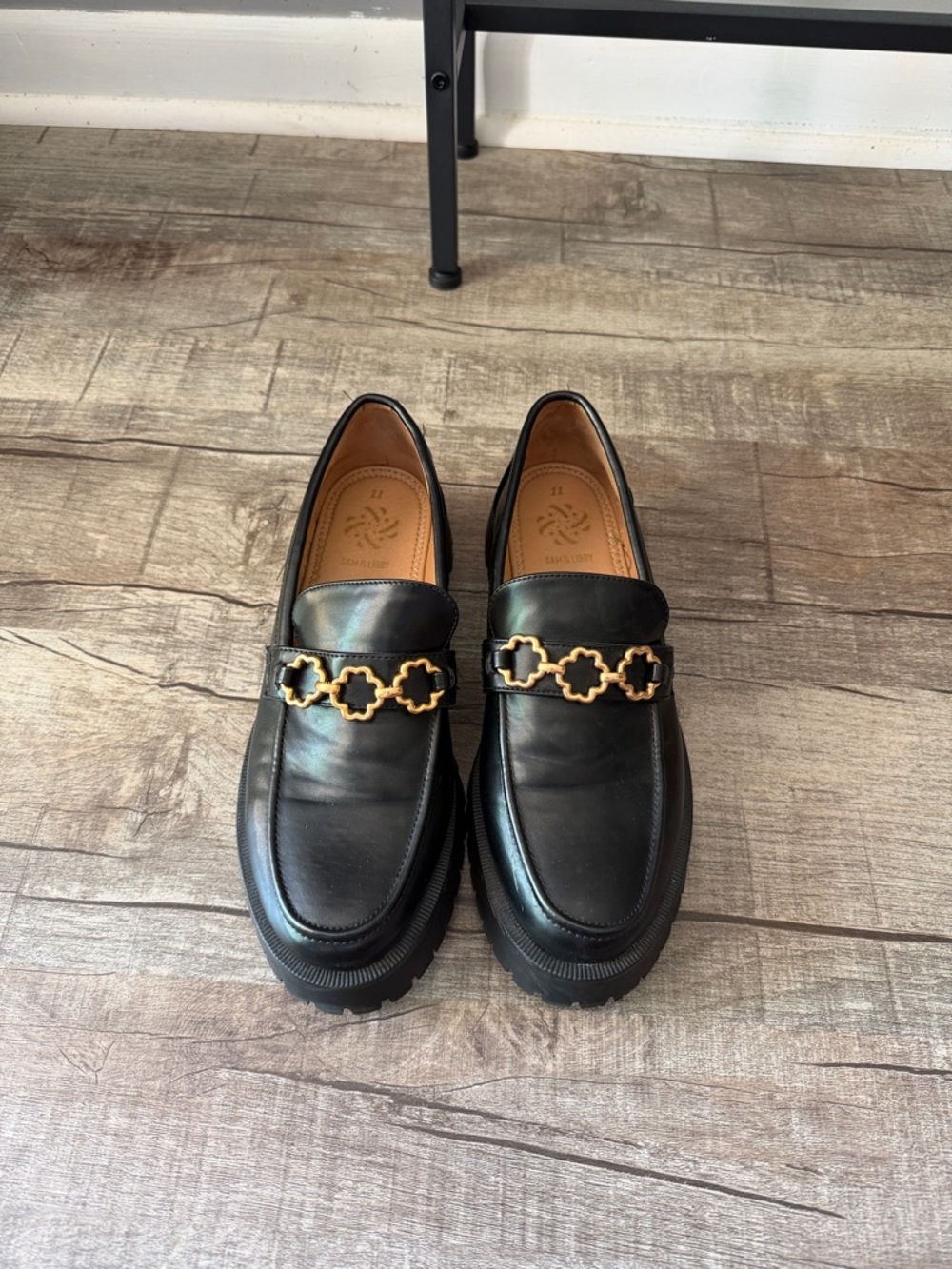 Black Women’s Leather Dress Loafers with Gold Chain Accent